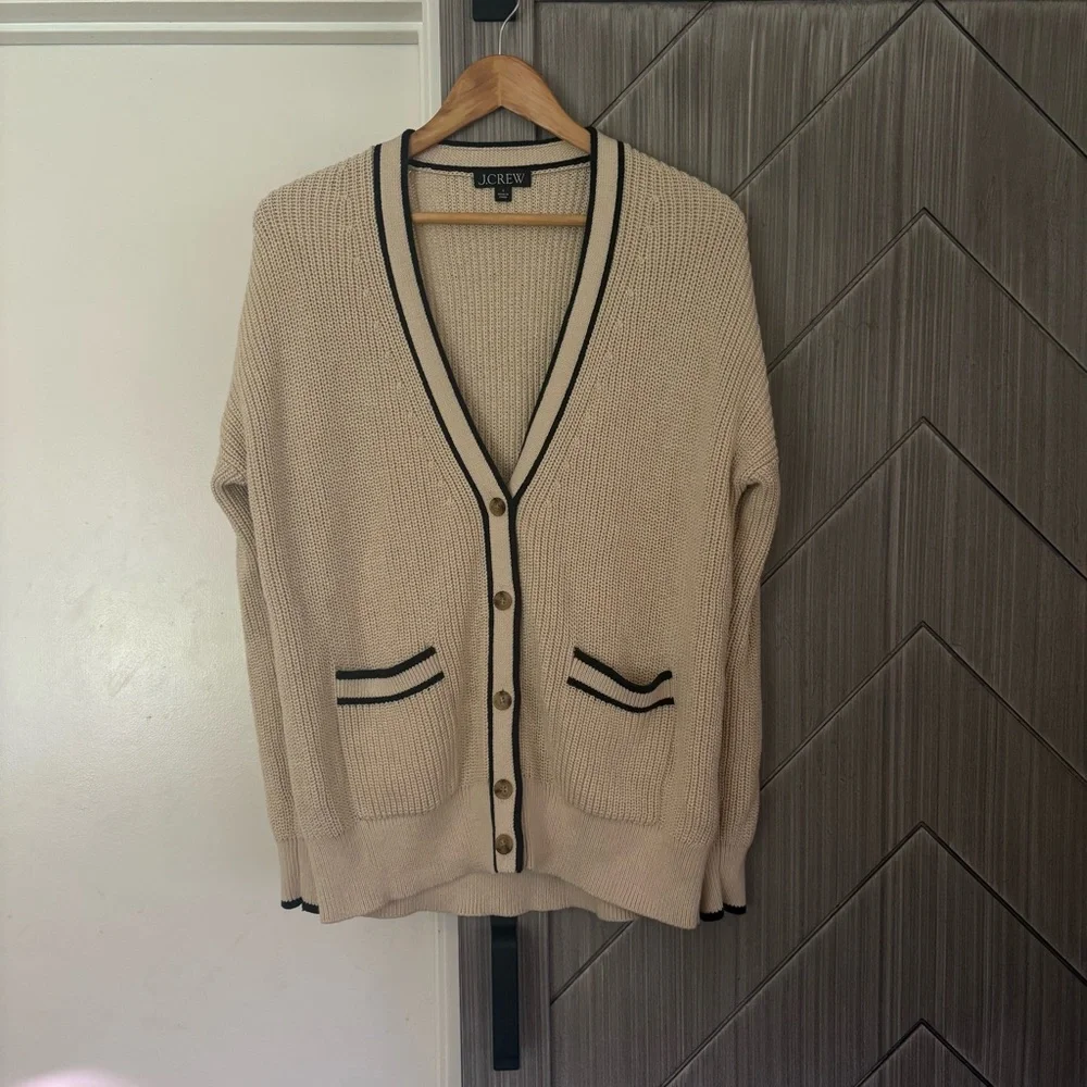 J.CREW Tipped V-neck Cotton Cardigan Sweater Women's Size Small Cream